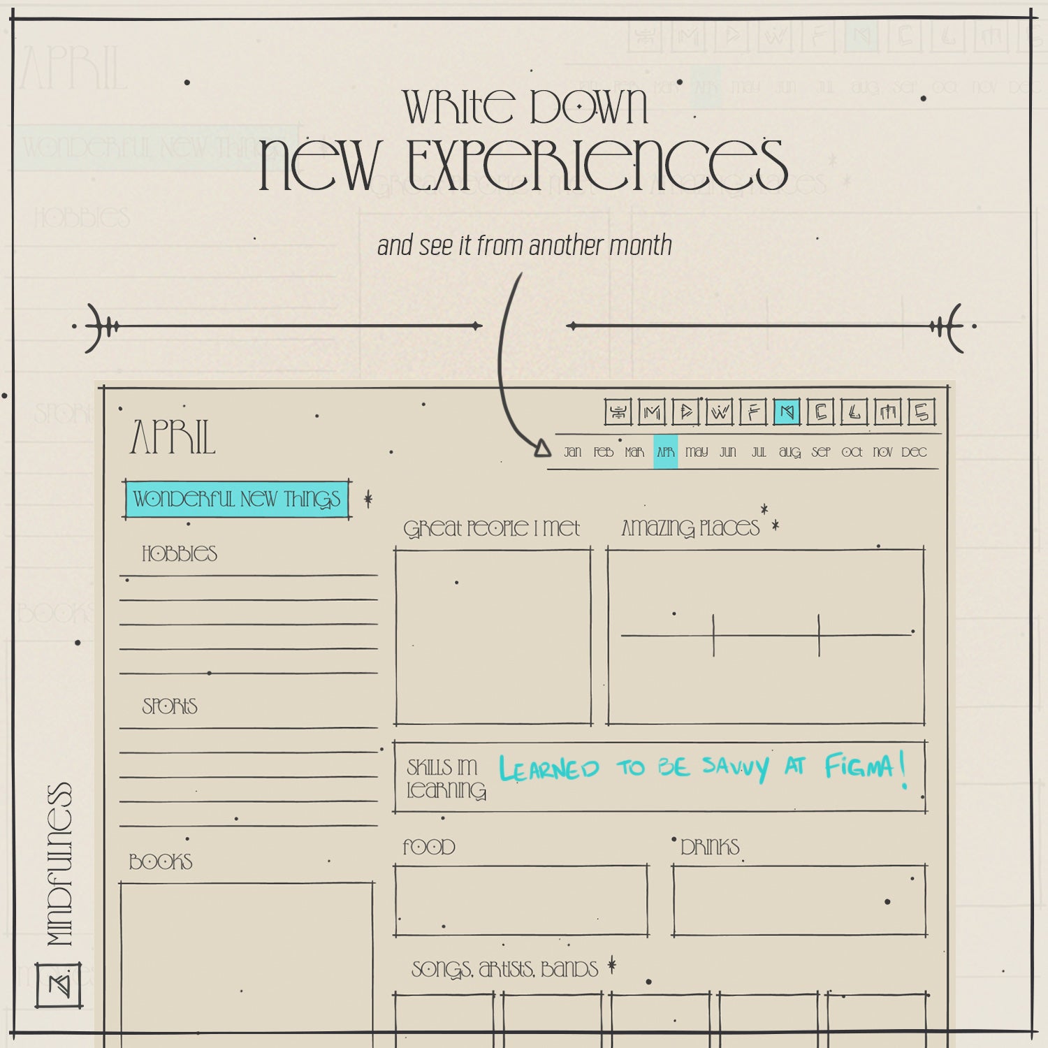 Screen template to list wonderful new things happening in your month, list new experiences and navigate through months by clicking on the menu