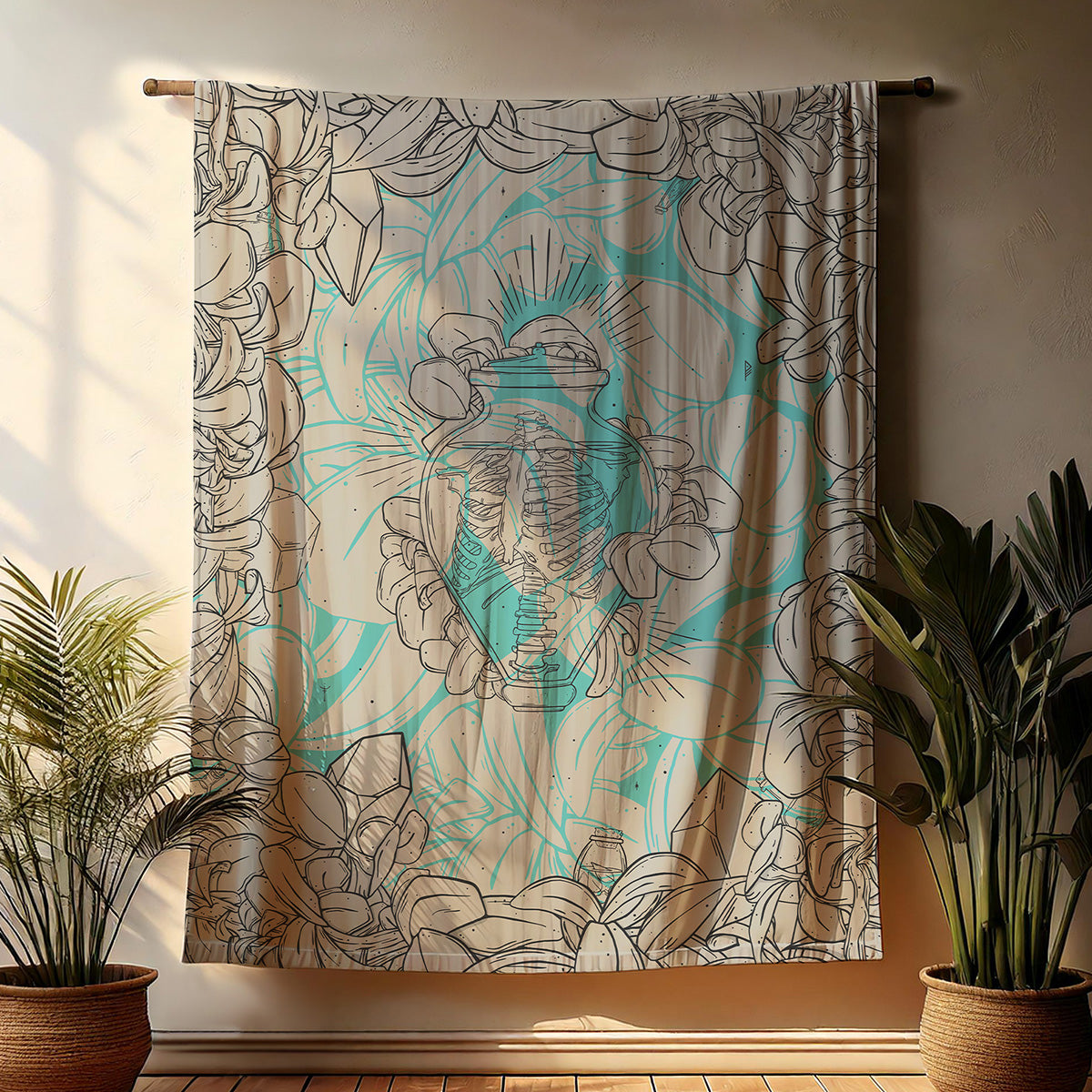 Wall tapestry hanging on wooden rod, on a cream wall, plants sit next, sunlit room. Illustration of skeleton inside huge glass jar and heavy tropical jungle on the border of fabric, hidden crystals and potion pots