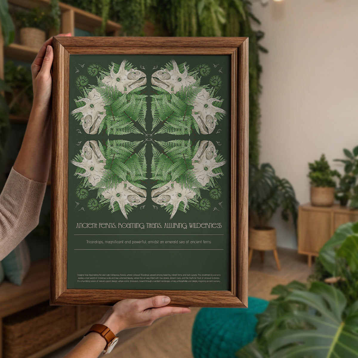 ancient ferns, roaming titans, alluring wilderness; art print with triceratops and ferns in a repeat; folk, magical tale of ferns, text underneath
