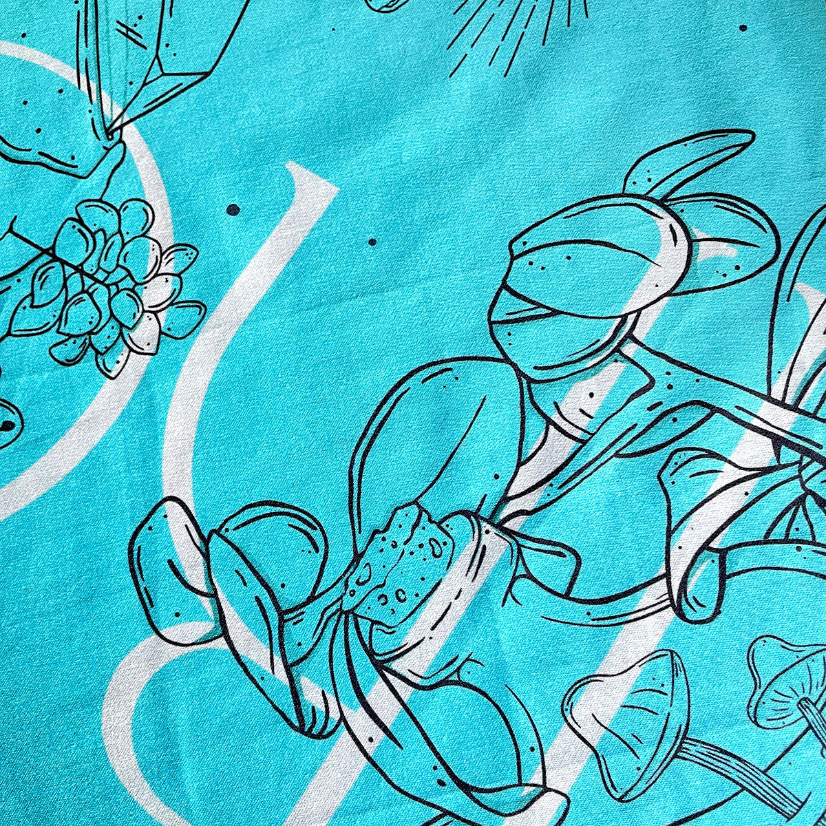 Close up of potion pot with mushroom conserved inside, glass jar with cork illustration, outline design of plants, leaves, tropical jungle. Text crosses drawing diagonally in white.