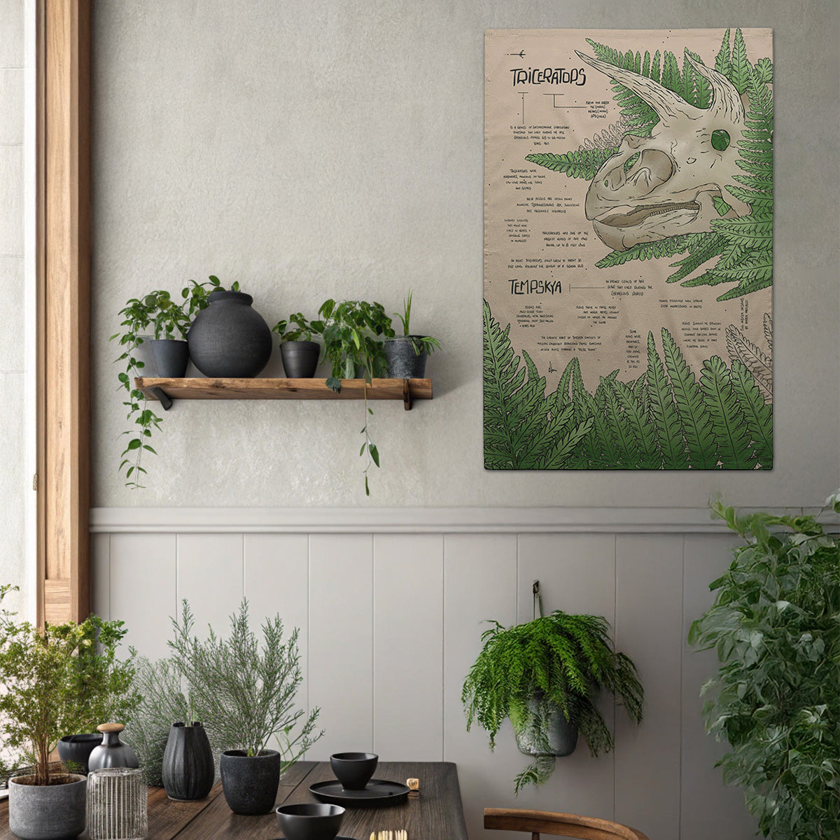 museum souvenir triceratops dinosaur tea towel mockup hanging on wall