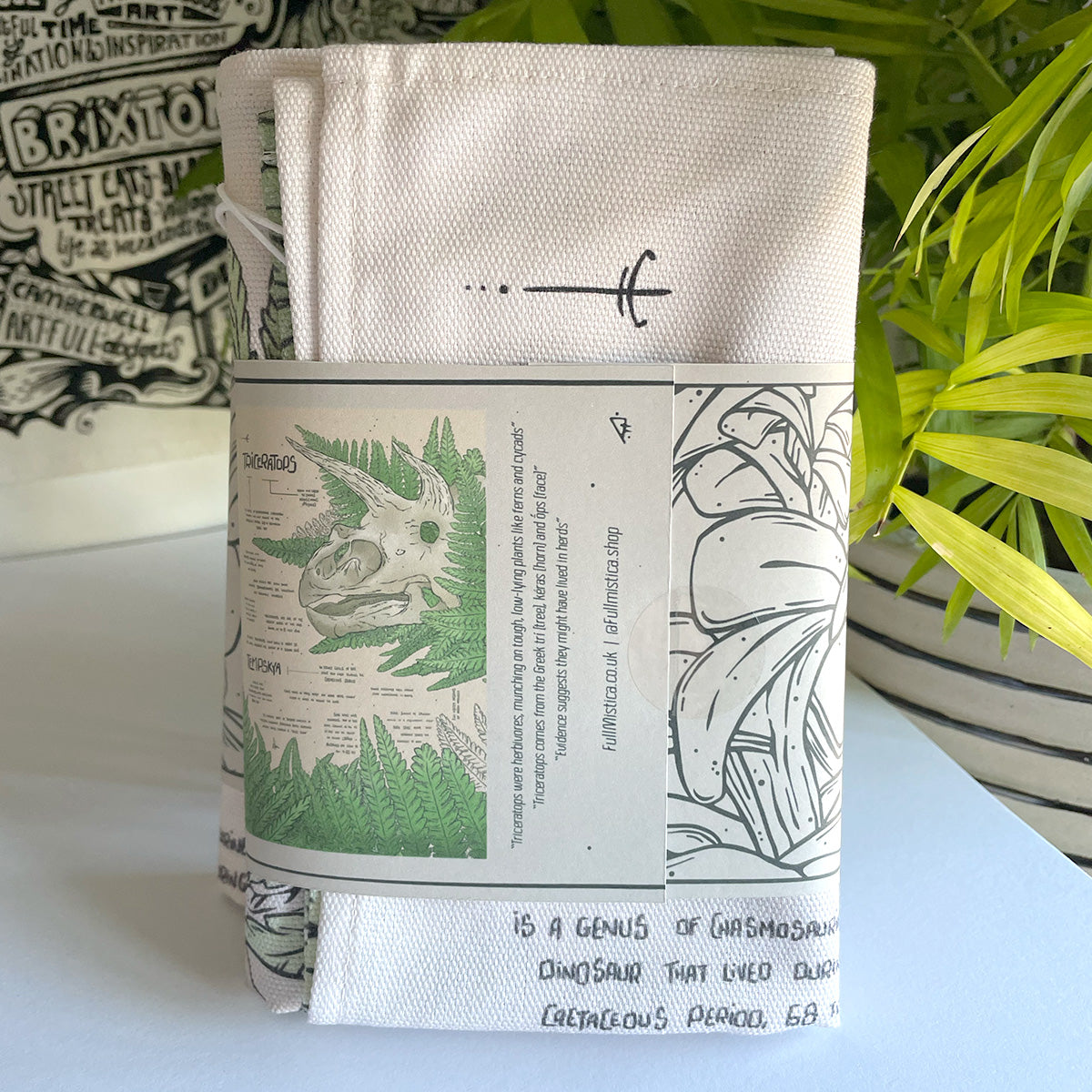 manchester and york museums gift shop triceratops ferns tea towel, folded illustrated fabric, curious facts