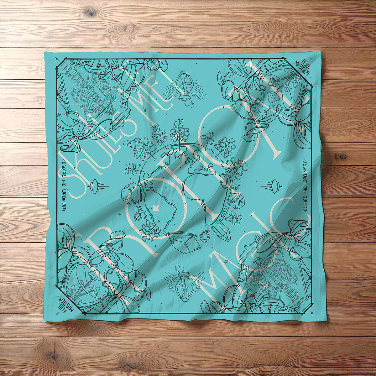 Square cotton satin bandana with an outlined illustration of Earth, mushrooms, crystals, bones and skeletons. The bandana is open and displayed top view on a wooden floor