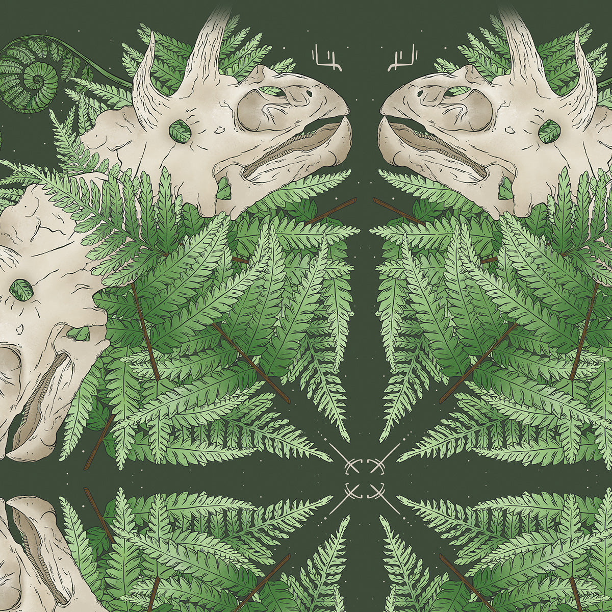 Mandala design with dinosaur skull and fern leaves on a dark green background