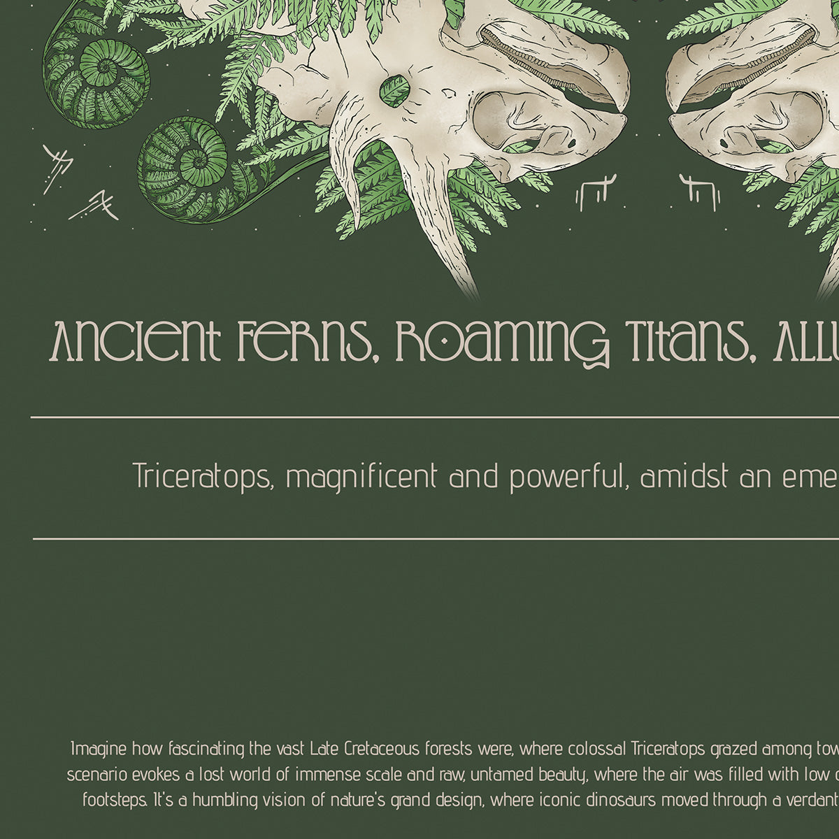 Illustration of triceratops dinosaur skulls and ferns on a green background with text.
