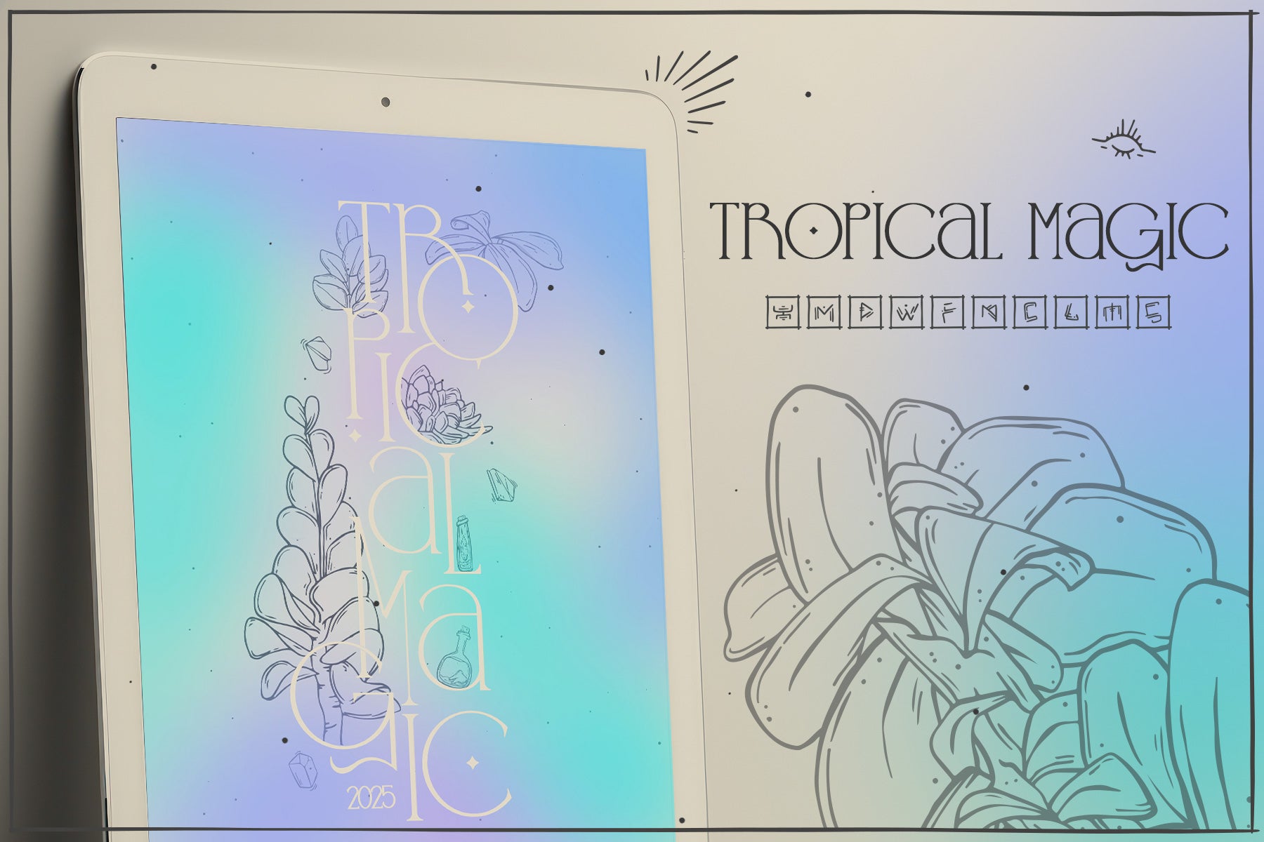 Banner shows mockup of tablet, cover of digital planner with green purple and turquoise aura effect, outlined illustrations, rune icons menu and title Tropical Magic