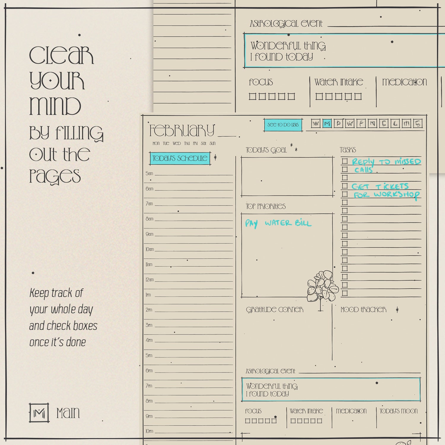 Screen template shows Day schedule, with boxes and prompts to help organise routine. top priorities, tasks check box, gratitude corner, mood tracker, etc