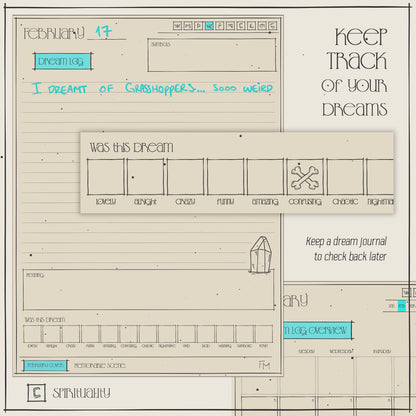 Template screen of dream log planner page, keep track of your dreams. February planner of dream journal to write description, symbols, meaning and memorable scene