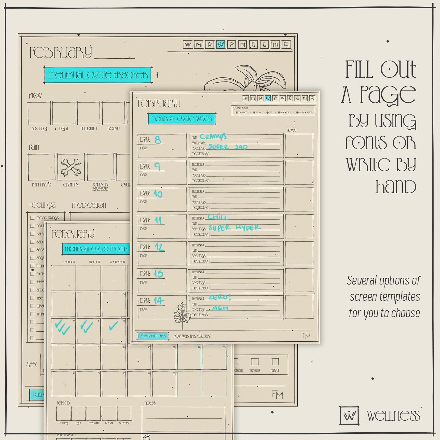 Screen templates of planner, daily, weekly, monthly, list flow, pain level, feelings, medication, etc. period planner to keep track of your menstrual cycle