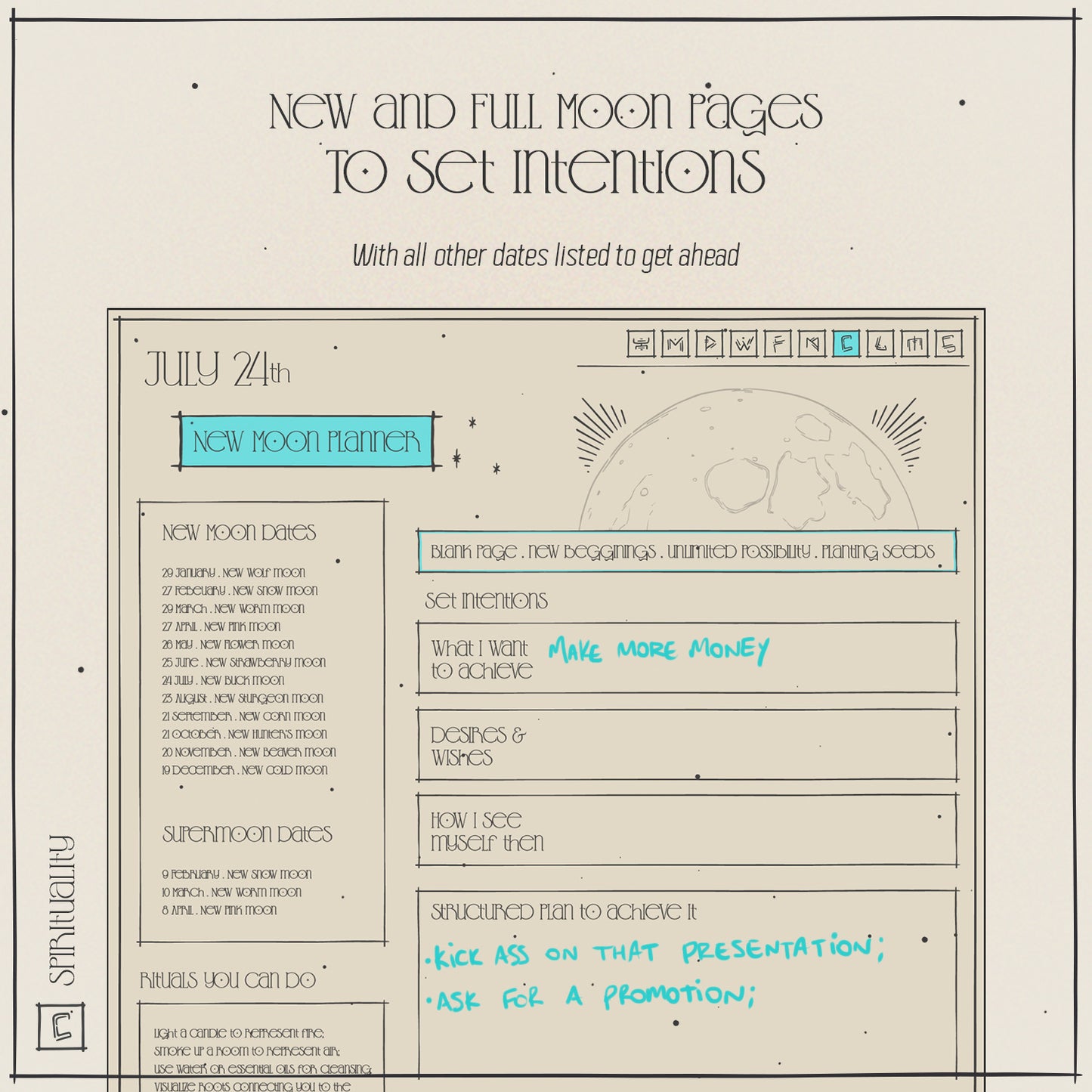 Template screen of planner, new and full moon planner to set intentions, boxes and prompts to fill out 