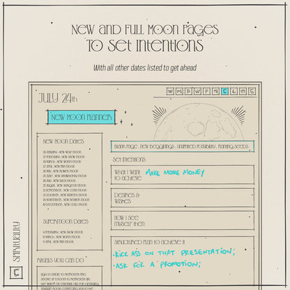 Template screen of planner, new and full moon planner to set intentions, boxes and prompts to fill out 