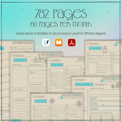 Planners screen templates showing prompts to be filled on planner. Shows, Events and Books wishlist, Mindful week, Monthly manifestation.