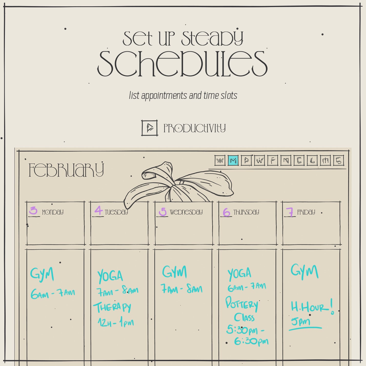 Planner screen template, Productivity category, menu icon index clickable. Week schedule to list appointments and time slots