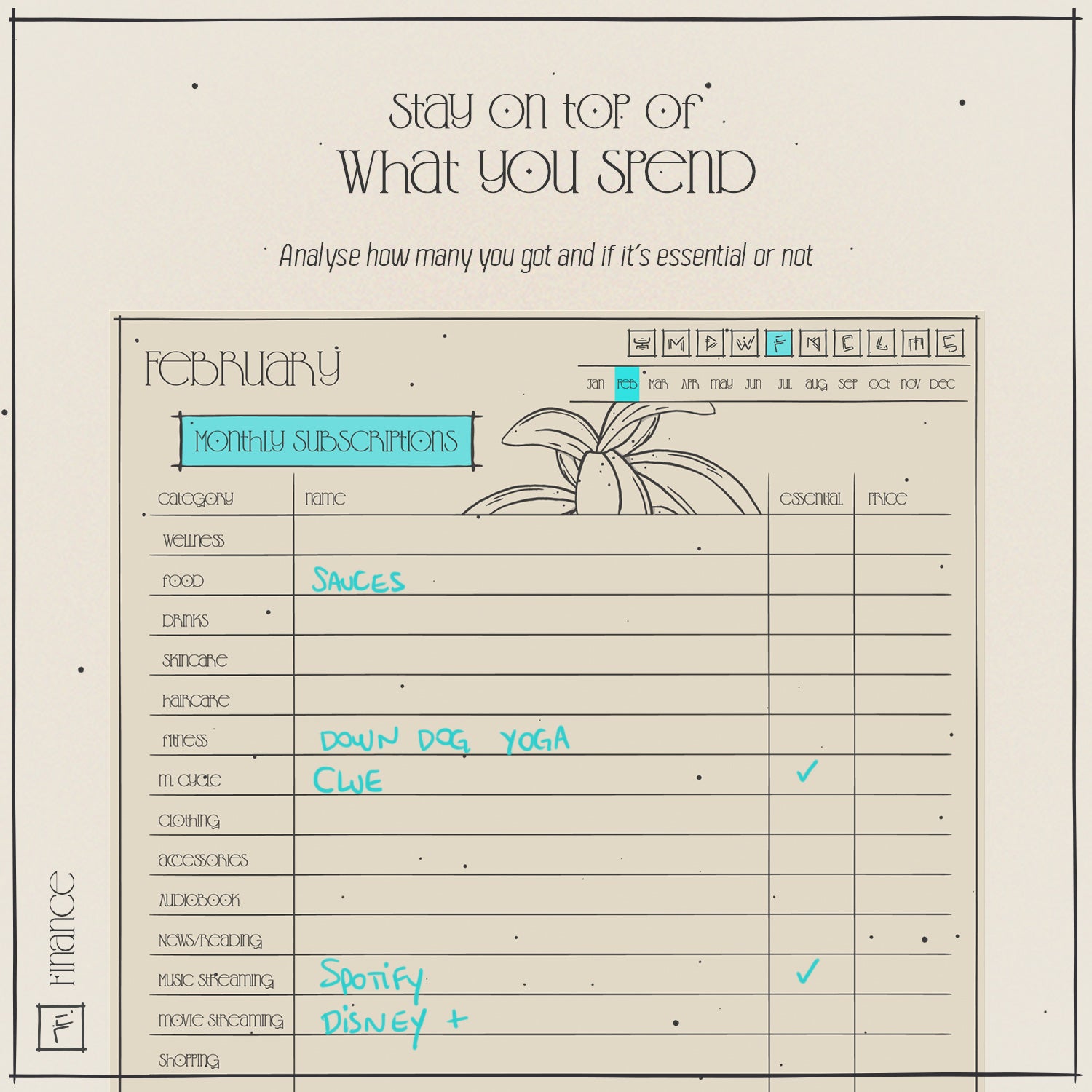 Finance template screen, planner page of monthly subscriptions, list apps you have to keep track of spending.