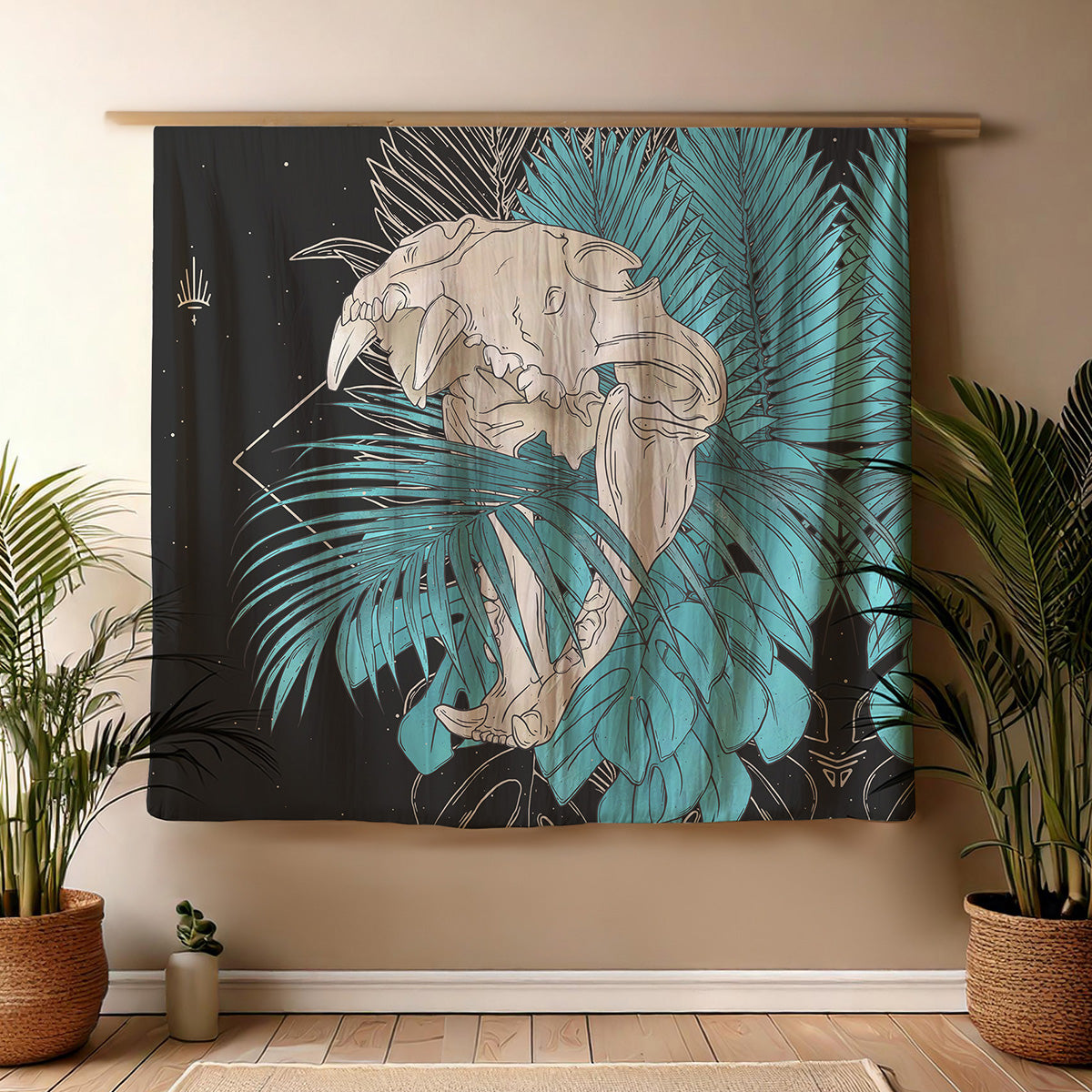 Wall art tapestry fabric illustrated with animal fossil with open mouth, merged with teal tropical leaves foliage in black. Room with cream walls, plant pots sit close by