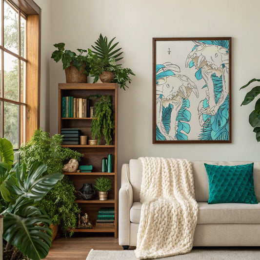 Lion Skull Art Print • Teal Tropical Gothic Jungle Decor