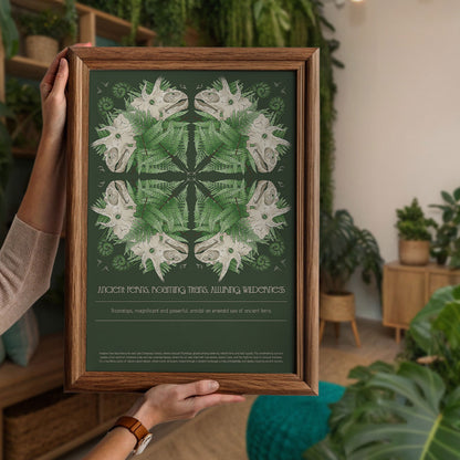 ancient ferns, roaming titans, alluring wilderness; art print with triceratops and ferns in a repeat; folk, magical tale of ferns, text underneath
