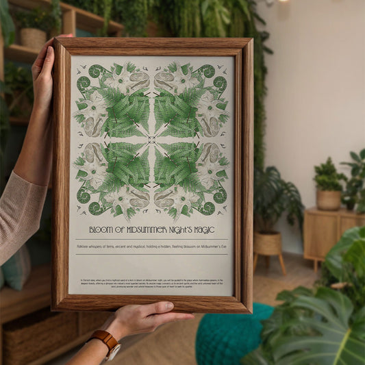 Bloom of midsummer night's magic; art print with triceratops and ferns in a repeat; folk, magical tale of ferns, text underneath