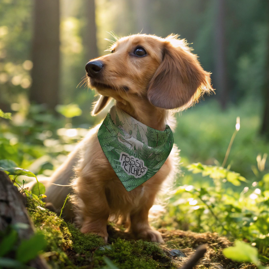 blonde daschaund Dog wearing a green bandana with text 'fossil fetcher' in a forest