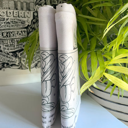 manchester and york museums gift shop triceratops ferns tea towel, folded illustrated fabric, curious facts