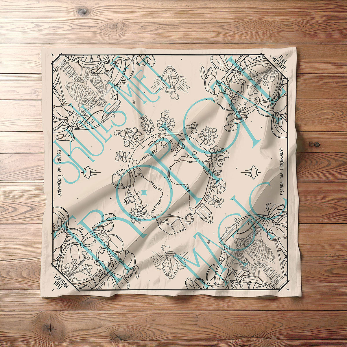 Square cotton satin bandana with an outlined illustration of Earth, mushrooms, crystals, bones and skeletons. The bandana is open and displayed top view on a wooden floor