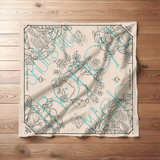 Square cotton satin bandana with an outlined illustration of Earth, mushrooms, crystals, bones and skeletons. The bandana is open and displayed top view on a wooden floor
