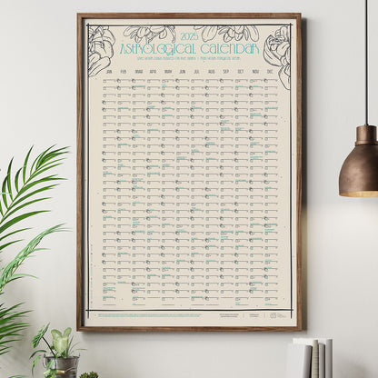 framed astrological calendar, yearly planner, months as columns, huge wall poster with dark wood frame hung up with plants and lamp close by.