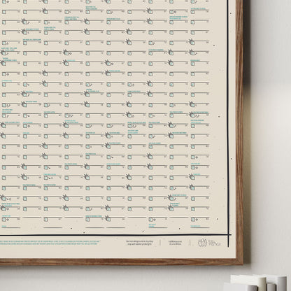 framed calendar close up shows bottom right of frame and design details with several lines for the days of the year; special days listed on several dates; logo, key and extra info on footer