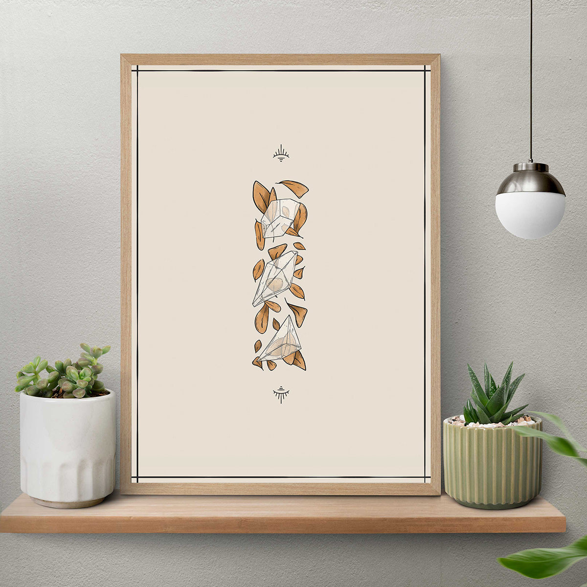 art print of minimalist design with three transparent quartz crystals with orange tiny leaves behind, two rune icons top and bottom in black lines boho aura, cream background thin lines borders