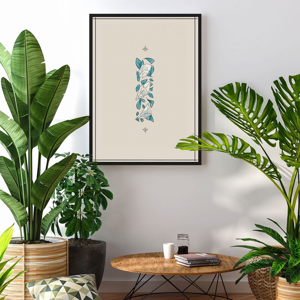 art print of minimalist design with three transparent quartz crystals with teal tiny leaves behind, two rune icons top and bottom in black lines boho aura, cream background thin lines borders