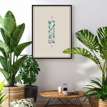 art print of minimalist design with three transparent quartz crystals with teal tiny leaves behind, two rune icons top and bottom in black lines boho aura, cream background thin lines borders