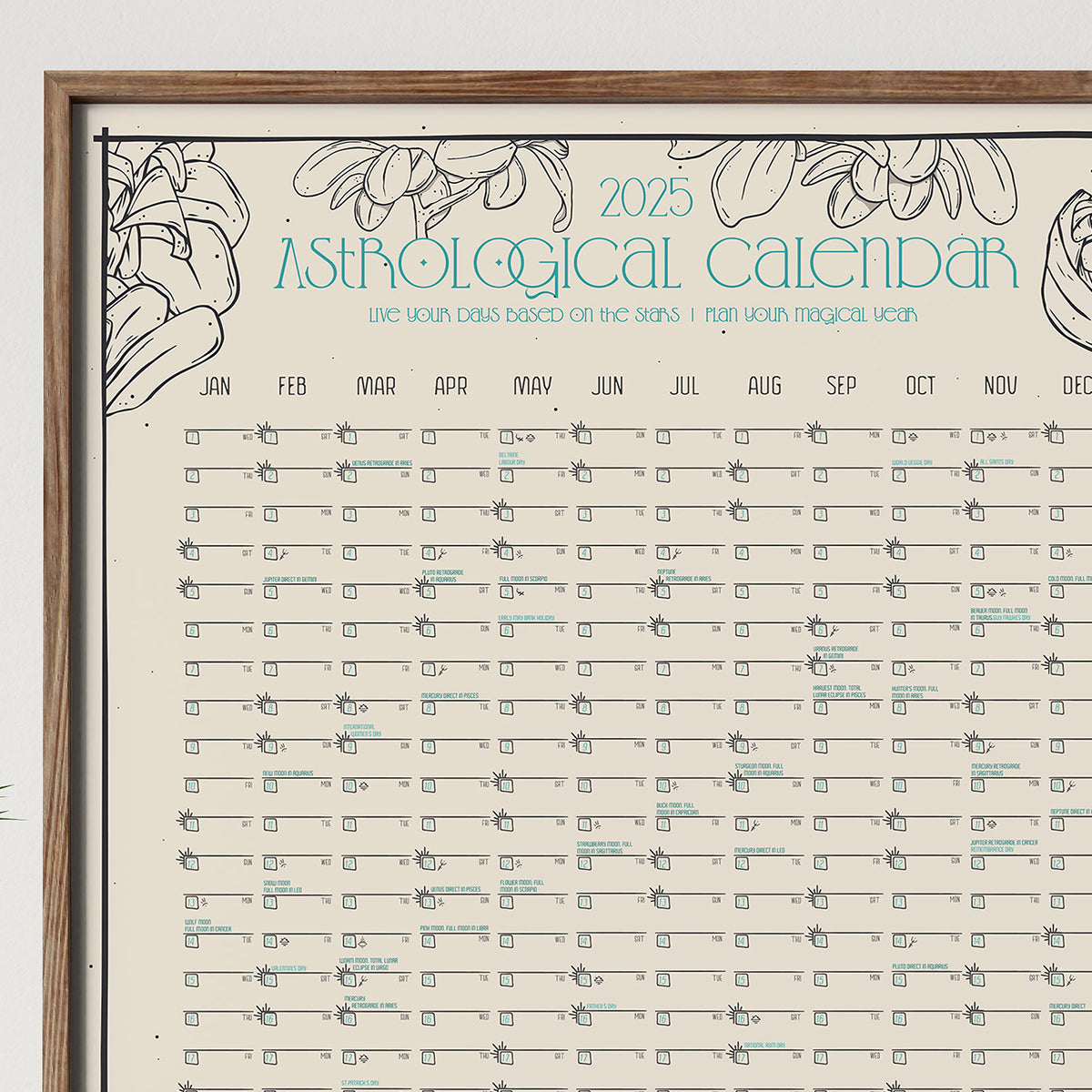 close up of framed calendar hung up on the wall; year planner showing months as columns; title reads 2025 astrological calendar; live your days based on the start; plan your magical year