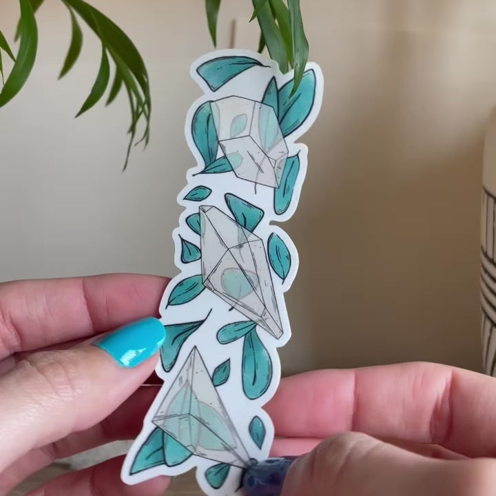 video of hand showing clear sticker trio of different clear quartz crystals with loads of teal leaves behind. Background with two plant pots