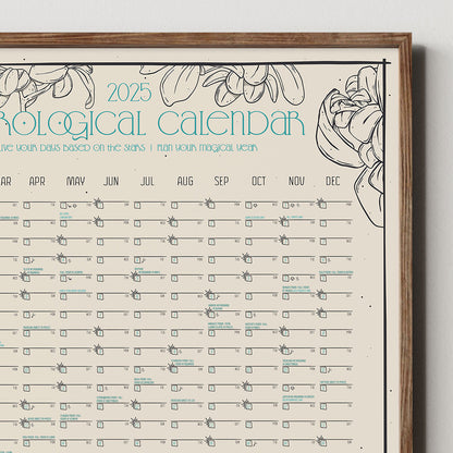 framed calendar close up shows top right of frame and design details with several lines for the days of the year; special days listed on several dates; botanical outlined illustrations fill the borders