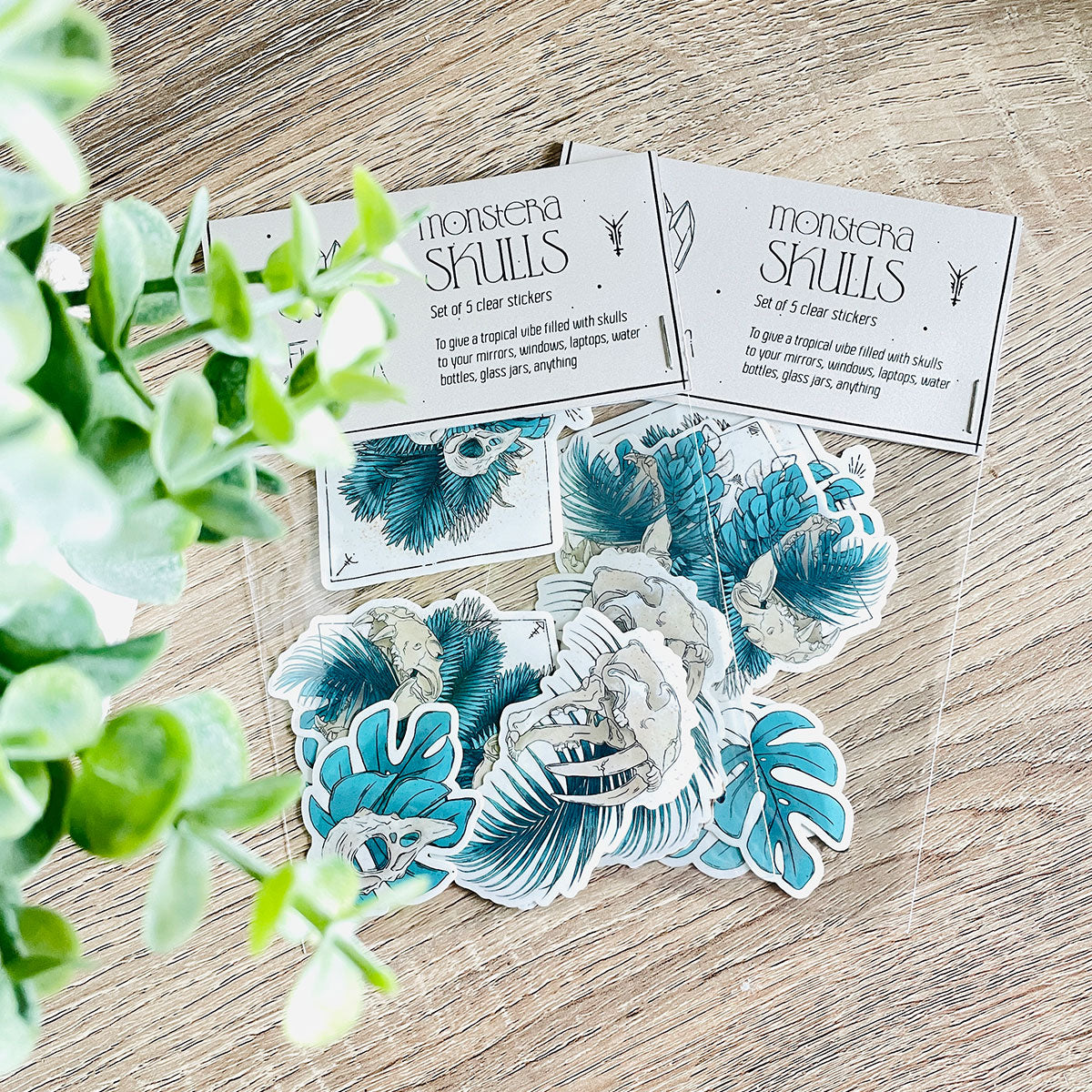 clear stickers to add to any surface, lion fossils, bird skulls and a lot of teal foliage, heavy nature for the fans of illustrations of  prehistoric motifs