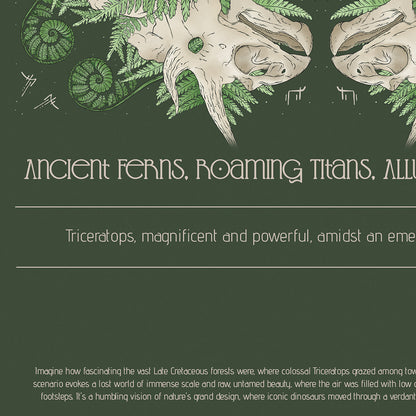 Illustration of triceratops dinosaur skulls and ferns on a green background with text.
